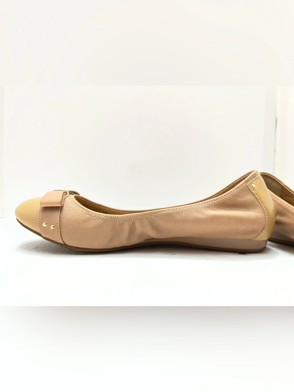 Cole Haan Nike Air Monica Ballet Flats Tan Leather Cap Toe Bow D41662 Women 8.5B